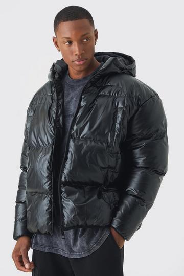 High Shine Hooded Quilted Puffer In Black black