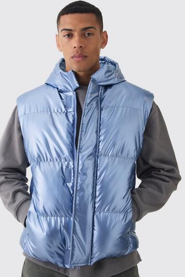 Blue Metallic Hooded Puffer Gilet In Light Blue