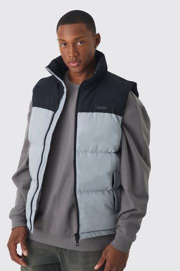 Man Tab Colour Block Puffer Funnel Neck Gilet In Grey grey