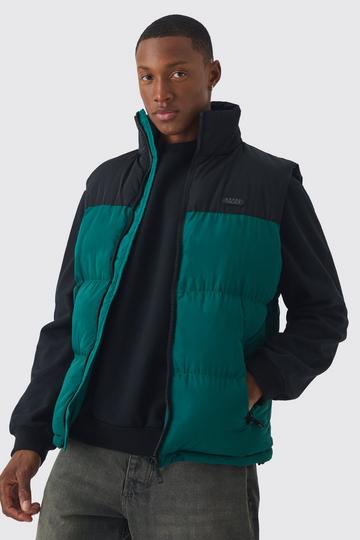 Man Gewatteerde Color Block Bodywarmer Met Hoge Kraag En Label In Groen green