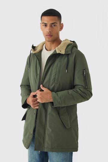 Khaki Oversized Parka With Borg Lined Hood In Khaki