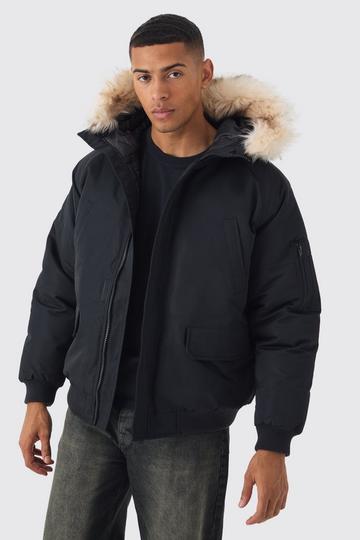 Black Hooded Parka With Removeable Faux Fur Trim In Black