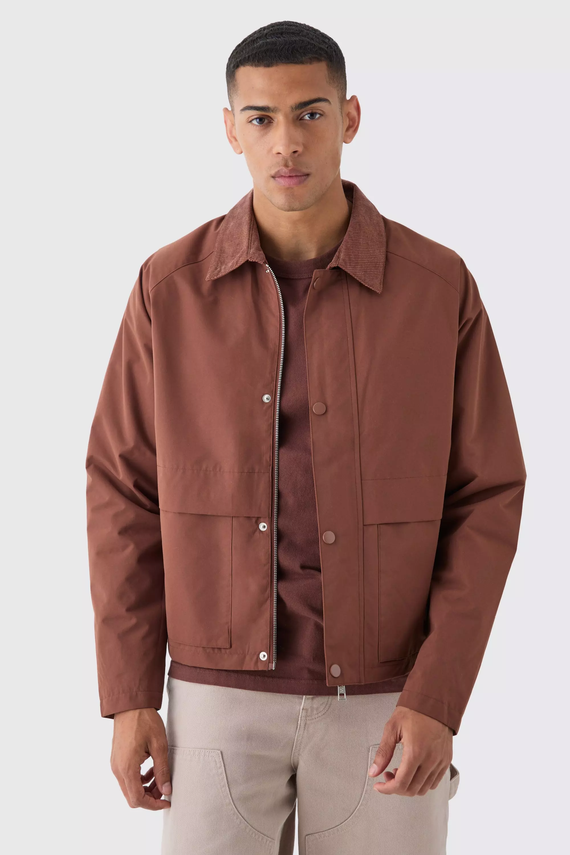 Boxy Cord Collar Worker Jacket In Chocolate alternative image