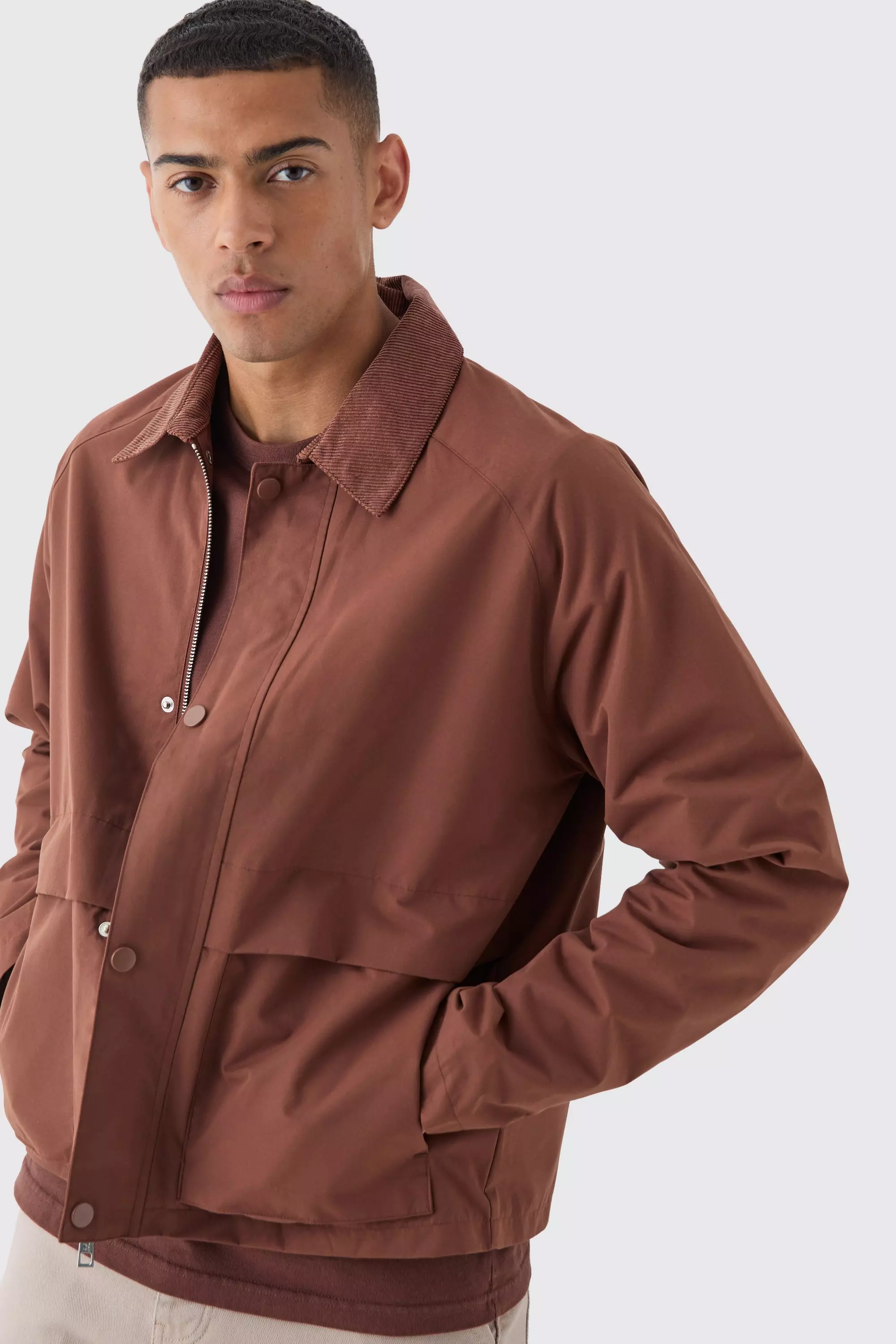 Boxy Cord Collar Worker Jacket In Chocolate alternative image