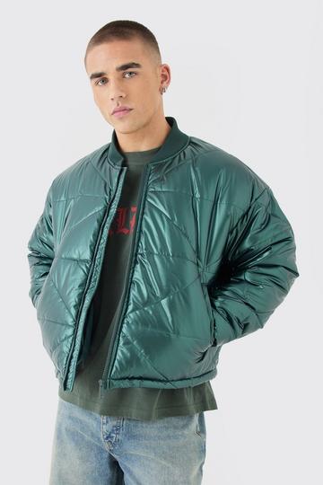 Boxy Metallic Abstract Quilted Bomber Jacket In Green green