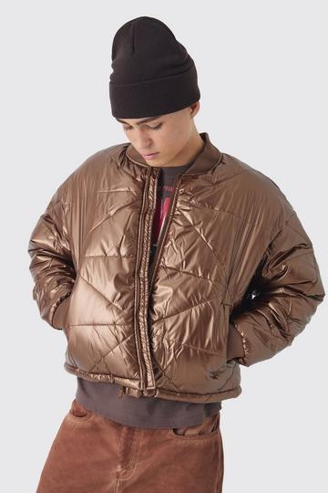 Brown Boxy Metallic Abstract Quilted Bomber In Tan