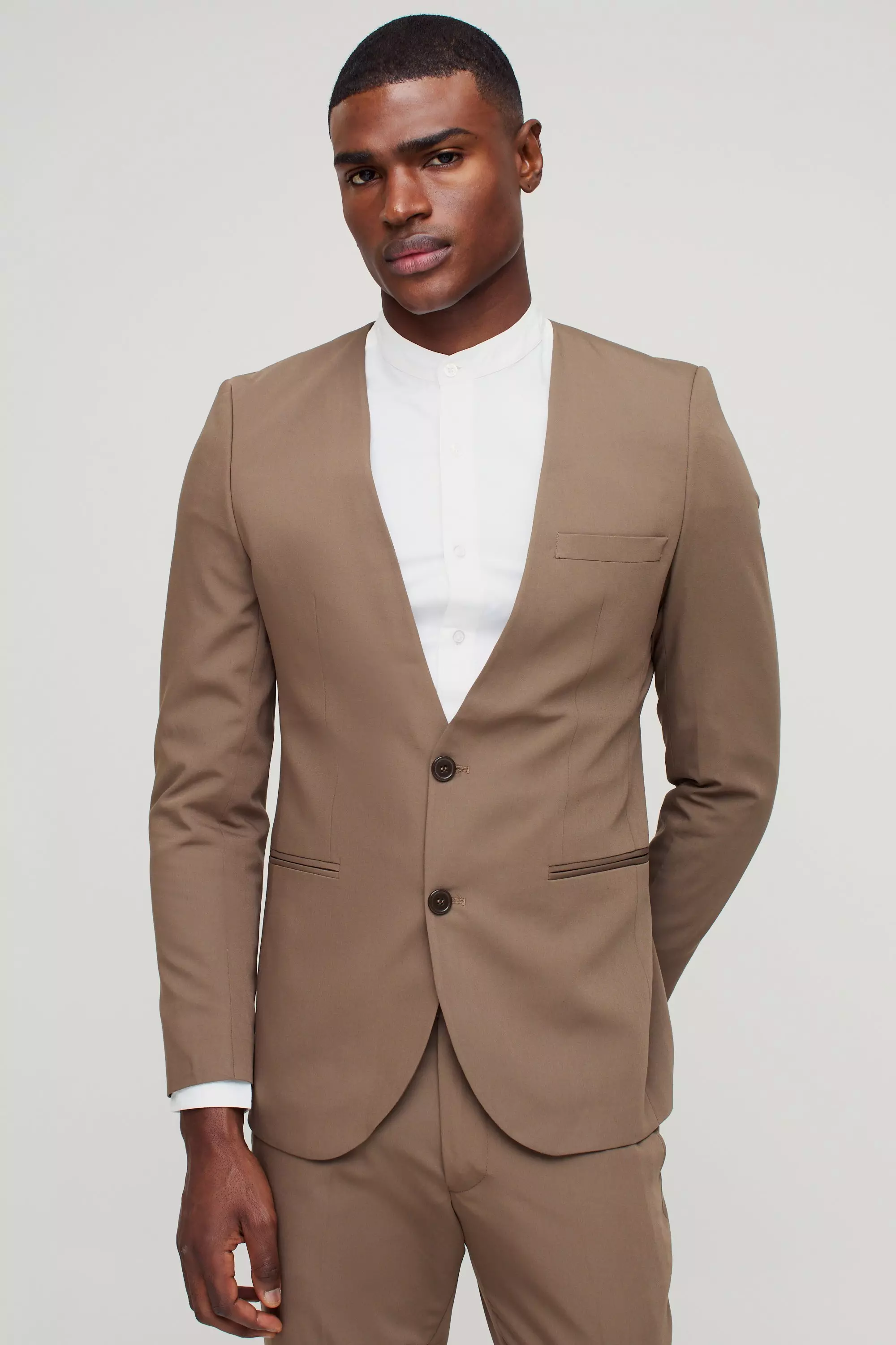Khaki Skinny Fit Collarless Single Breasted Blazer صورة بديلة