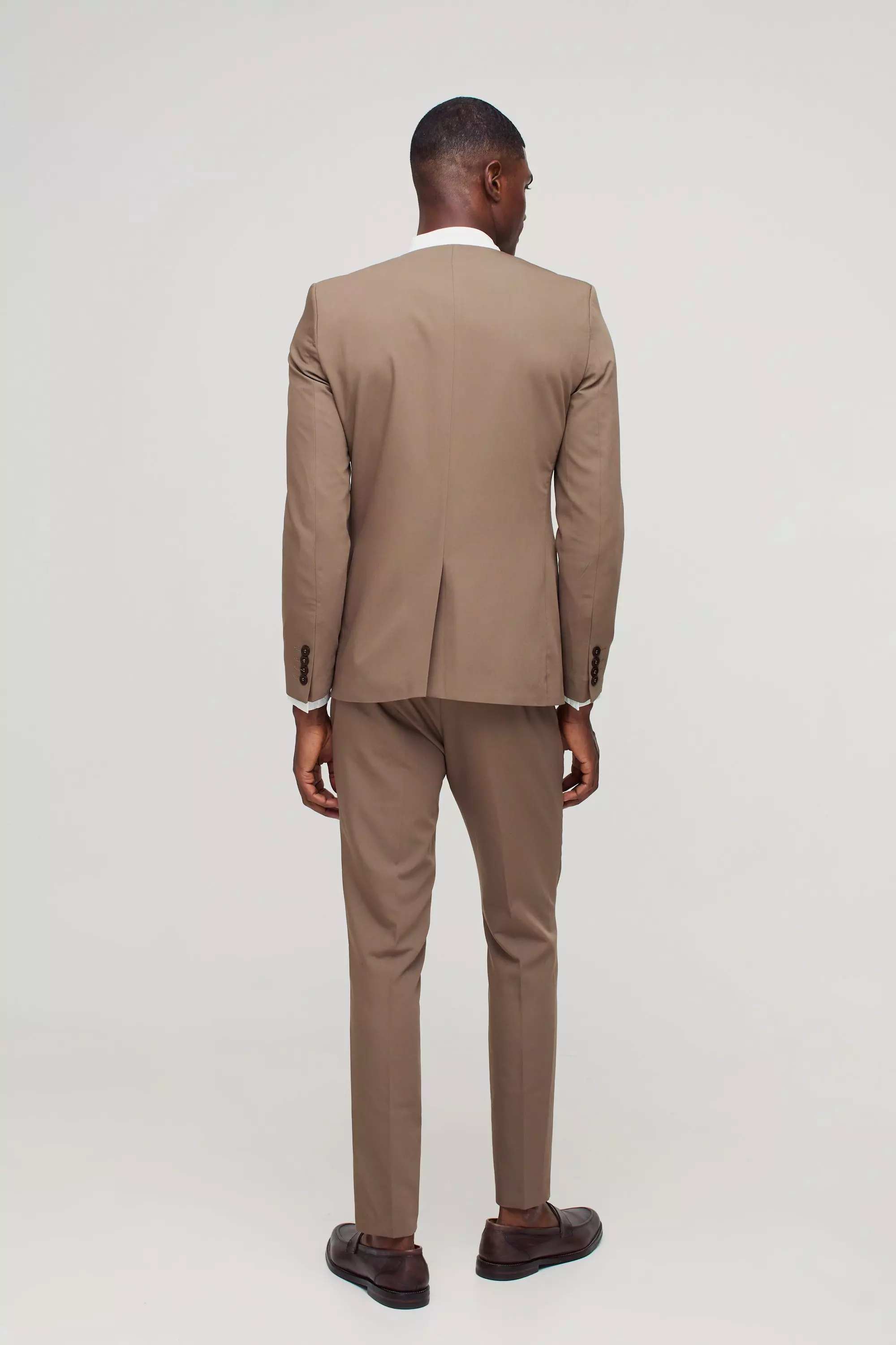 Khaki Skinny Fit Collarless Single Breasted Blazer صورة بديلة