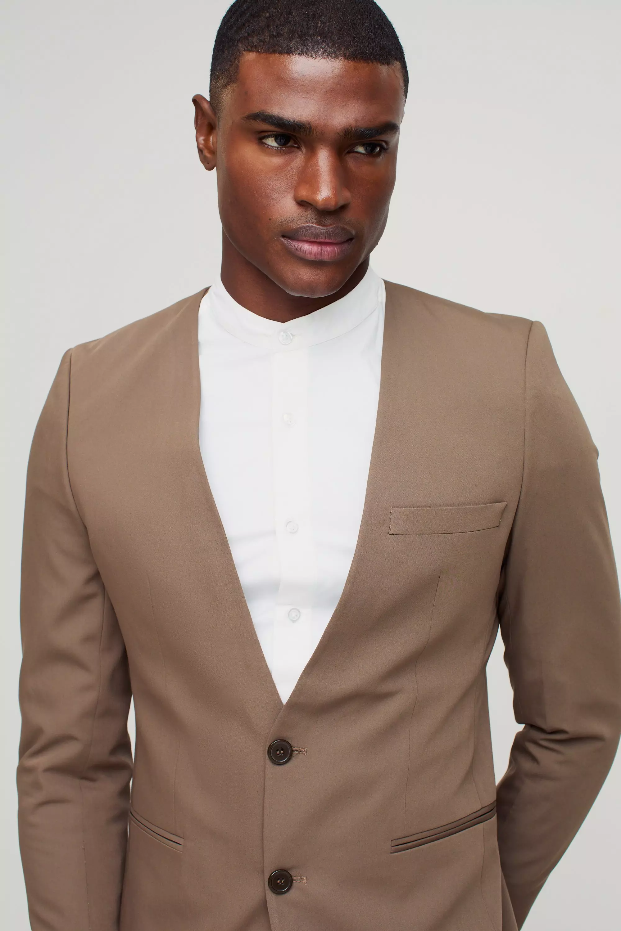 Khaki Skinny Fit Collarless Single Breasted Blazer صورة بديلة
