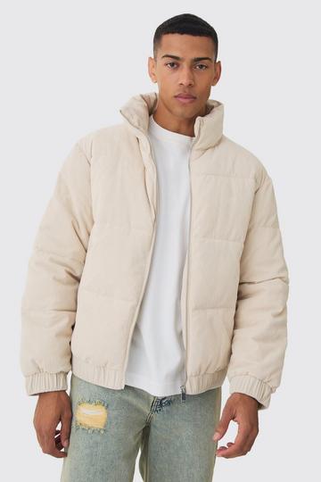 Cord Funnel Neck Puffer Coat In Ecru ecru