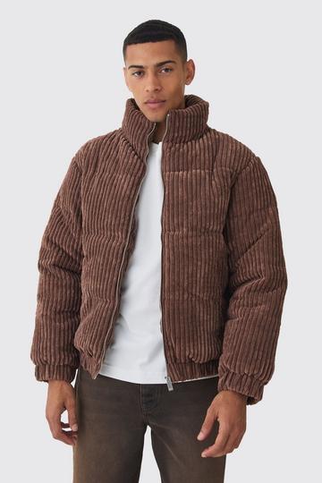 Jumbo Cord Funnel Neck Puffer Coat In Chocolate chocolate