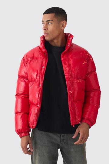 High Shine Vinyl Funnel Neck Puffer In Red red