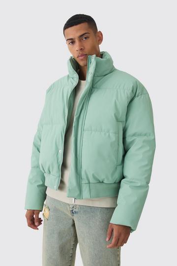 Green Matte PU Funnel Neck Puffer In Sage