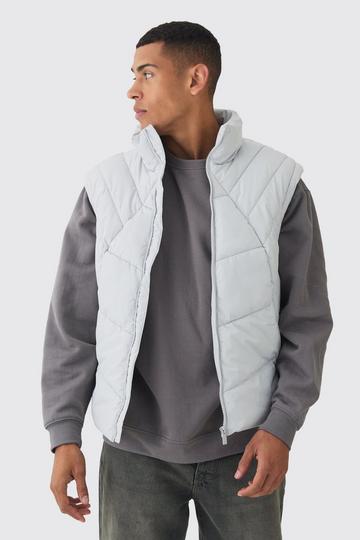 Grey Quilted Funnel Neck Vest In Light Grey