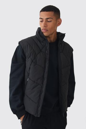 Black Quilted Funnel Neck Vest In Black