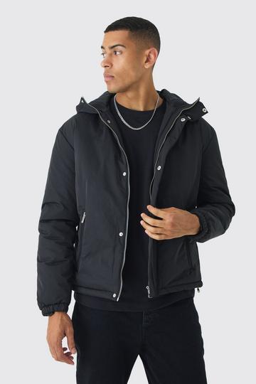 Black Hooded Padded Mid Length Parka In Black