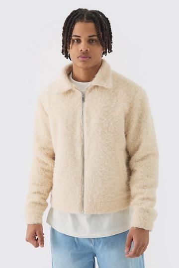 Boxy Fluffy Texture Harrington In Ecru ecru