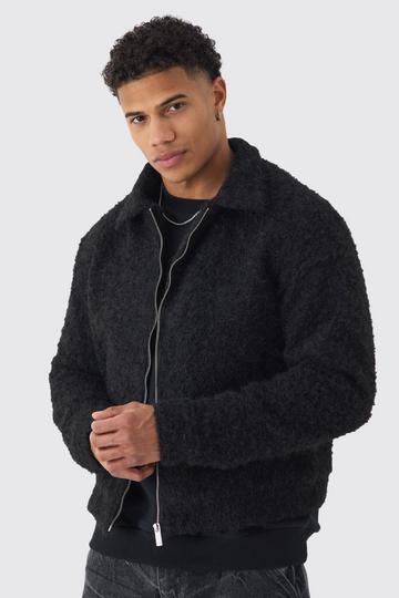 Black Boxy Fluffy Texture Harrington In Black