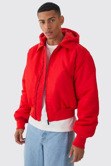 Red Collared Nylon Boxy Bomber With Jersey Knit Hood In Red