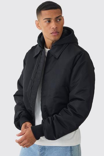 Black Collared Nylon Boxy Bomber With Jersey Knit Hood In Black