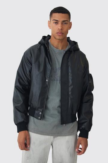 Padded Hooded PU Bomber Jacket In Black black