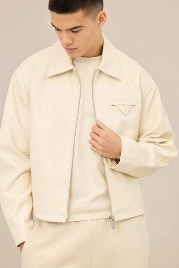 Boxy Textured PU Collared Bomber In Ecru ecru