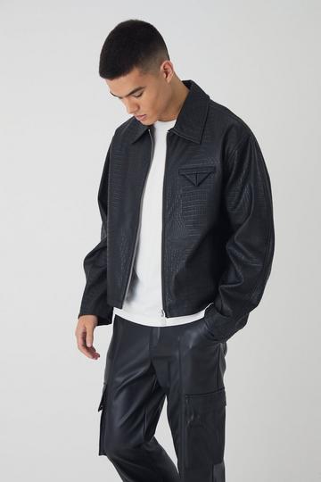 Black Boxy Textured PU Collared Bomber Jacket In Black