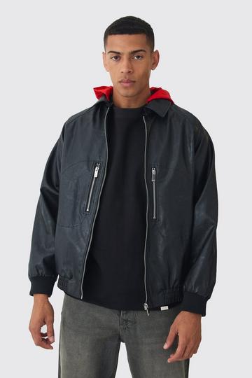 Collared Pu Bomber Jacket With Detachable Hood In Black black