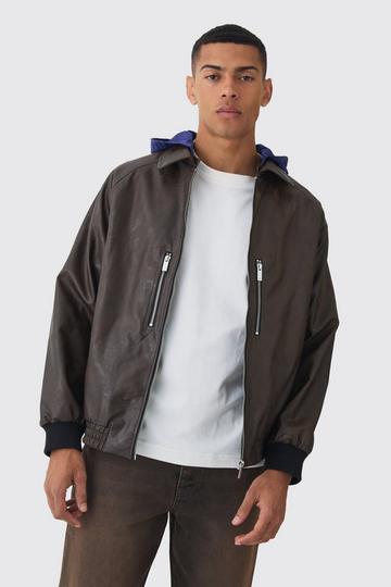 Brown Collared Pu Bomber Jacket With Detachable Hood In Brown