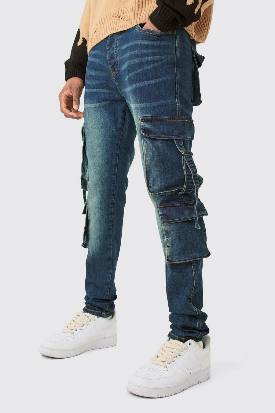 Tall dunkelblaue Stretch Skinny Cargo-Jeans mit Taschen-Detail, Dark wash image number 1