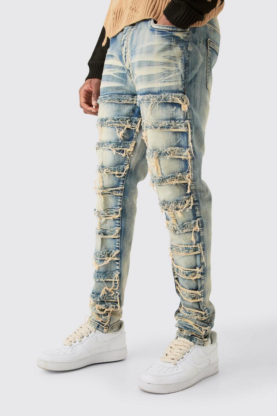 Mid blue Tall Slitna skinny jeans med stretch och lagningar image number 1