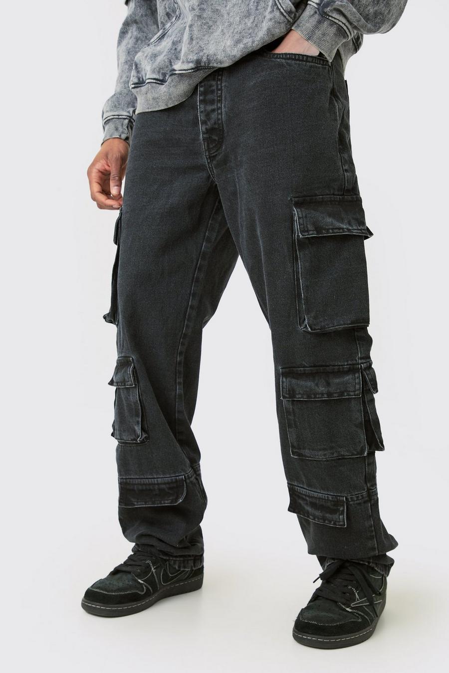 Charcoal Tall Relaxed Fit Acid Wash Cargo Jean