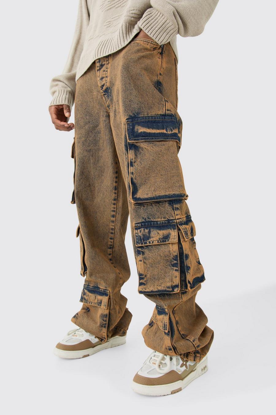 Tall Baggy Fit Acid Wash Cargo Jeans, Antique wash