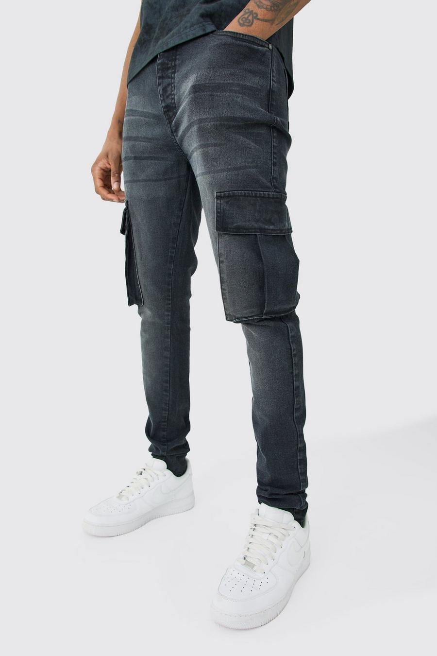 Tall Super Skinny Cargo-Jeans, Washed black