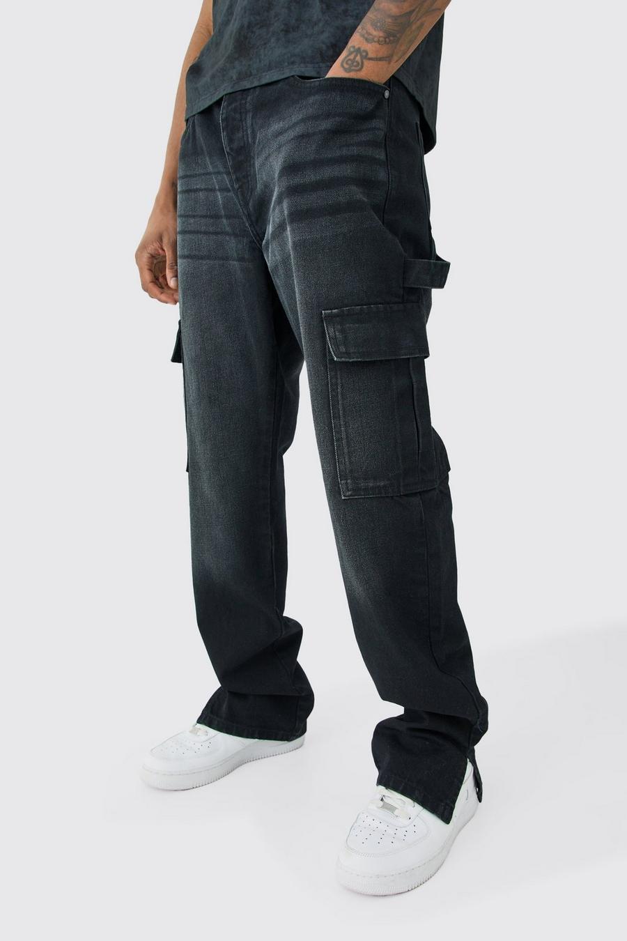 Tall gerade Cargo-Jeans mit geteiltem Saum, Washed black image number 1