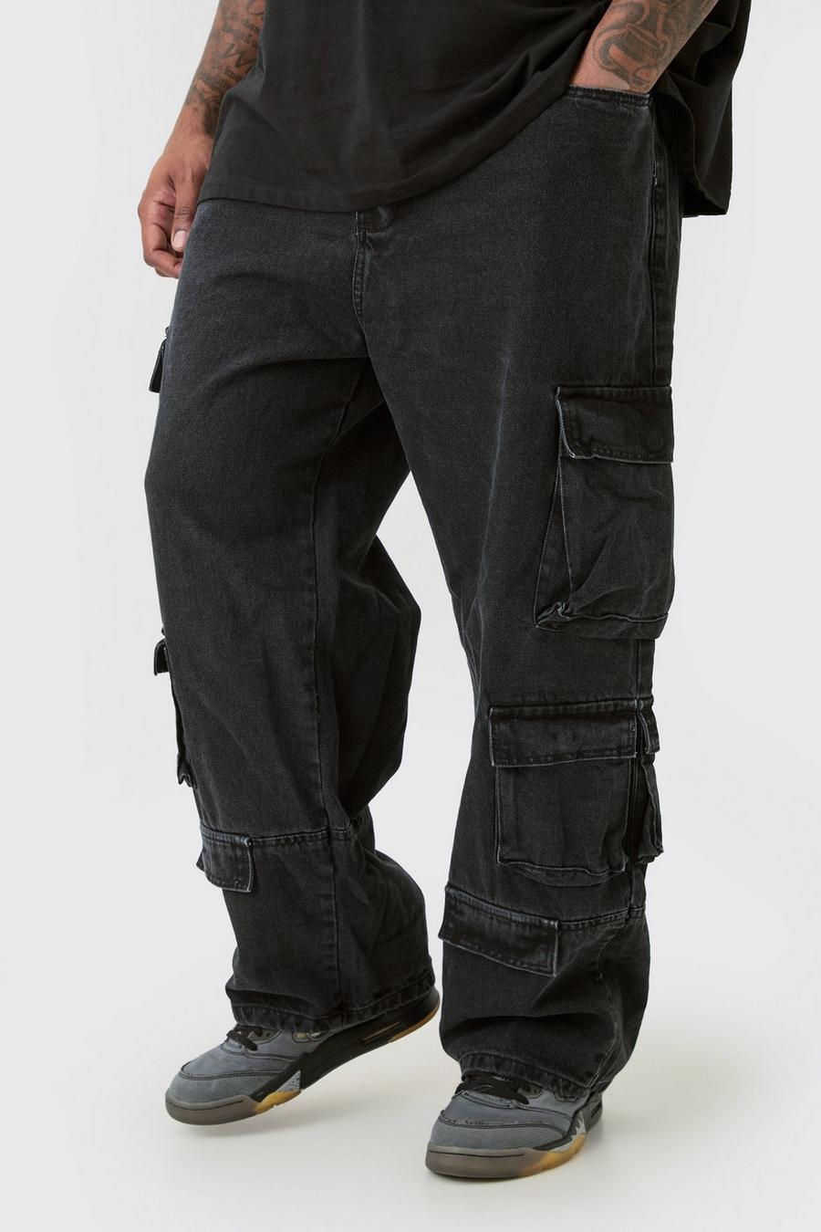 Plus lockere Cargo-Jeans mit Acid-Waschung, Charcoal