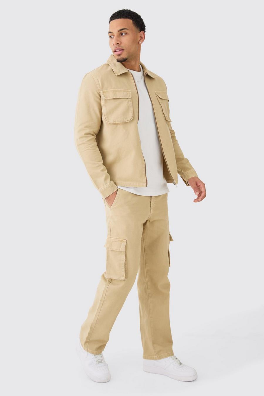 Taupe Twill Cargo Overshirt & Trouser image number 1