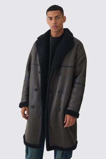 Brown Longline Double Breasted Borg Overcoat In Dark Brown