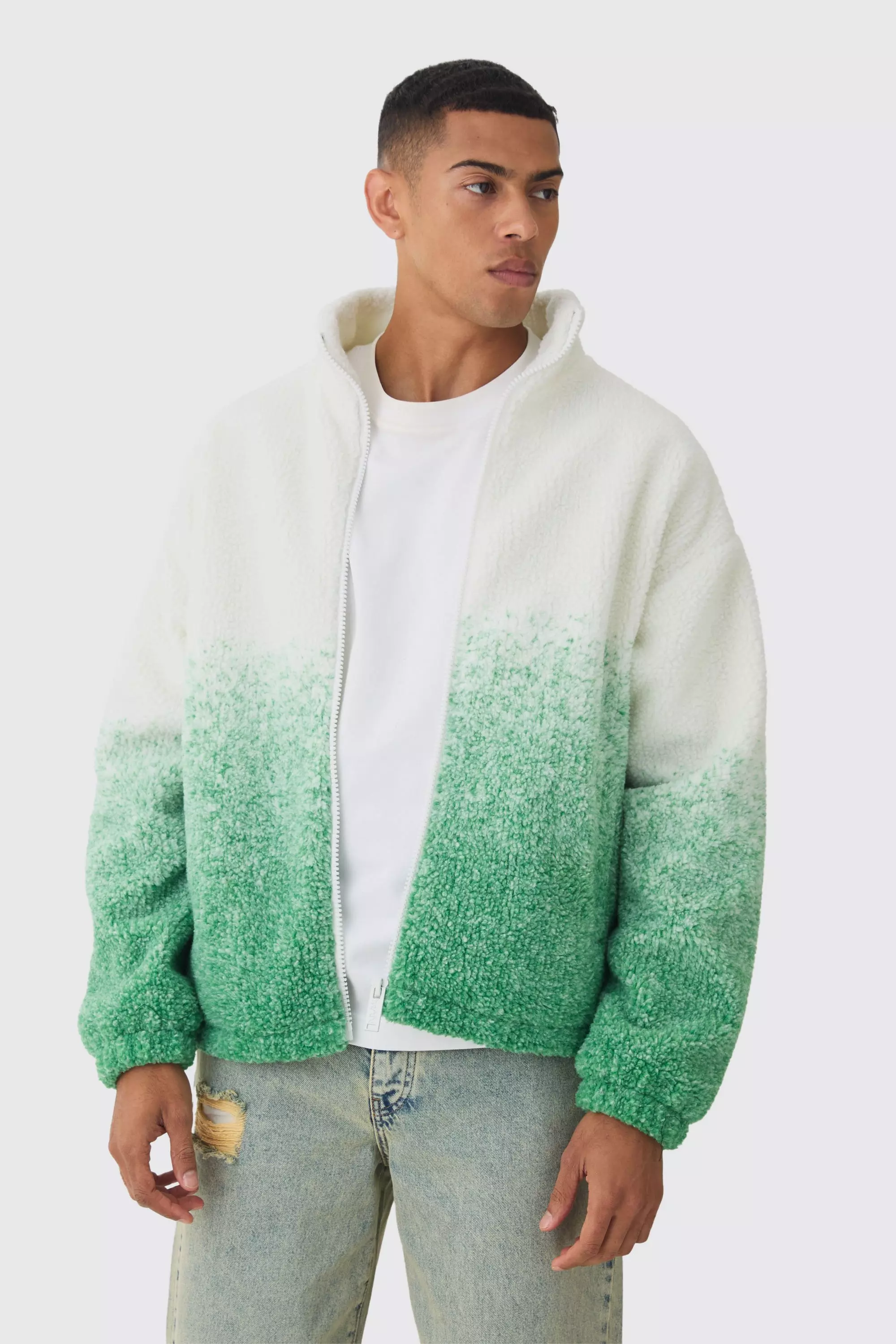 Oversized Ombre Borg Funnel Neck Jacket In Green صورة بديلة