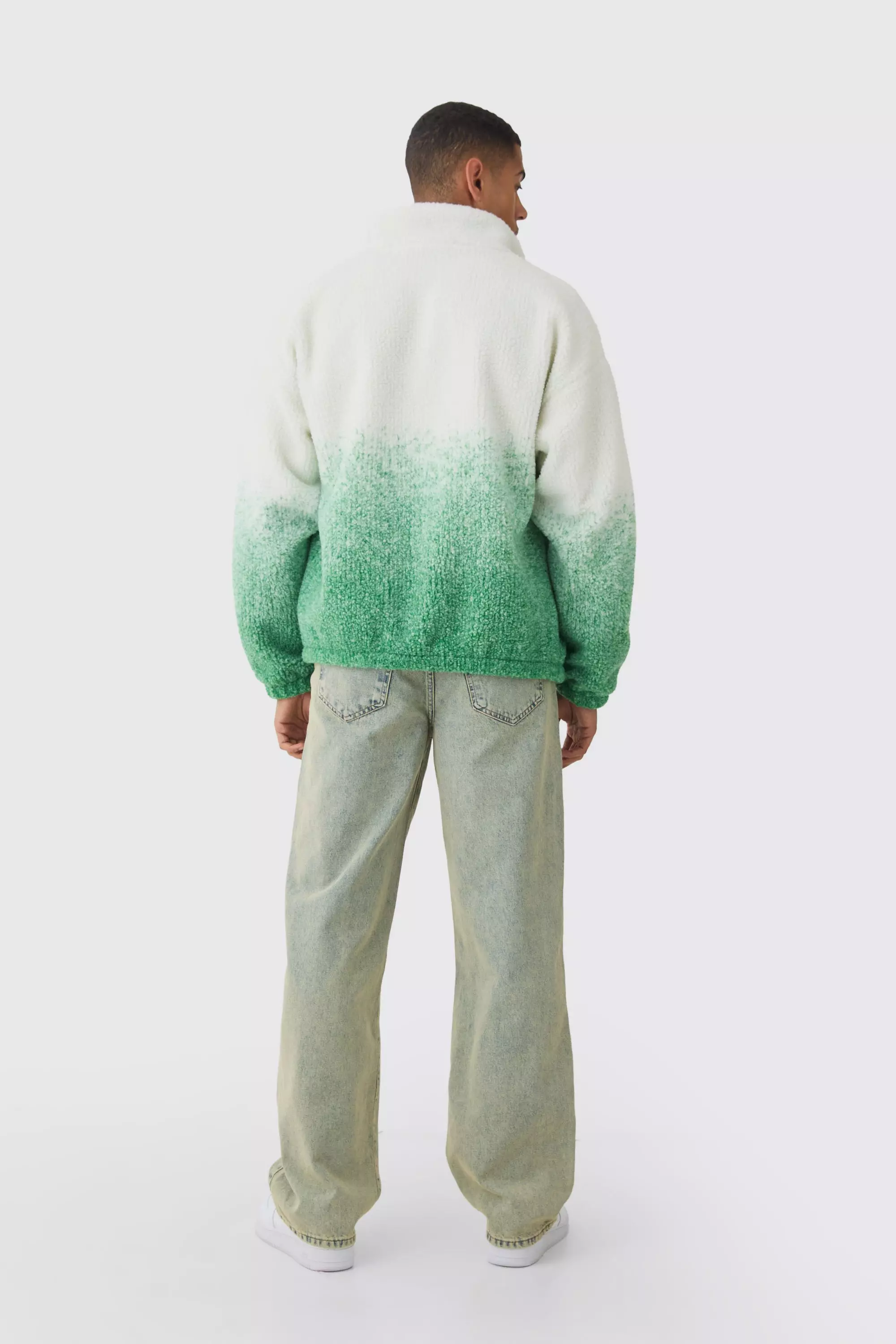 Oversized Ombre Borg Funnel Neck Jacket In Green صورة بديلة