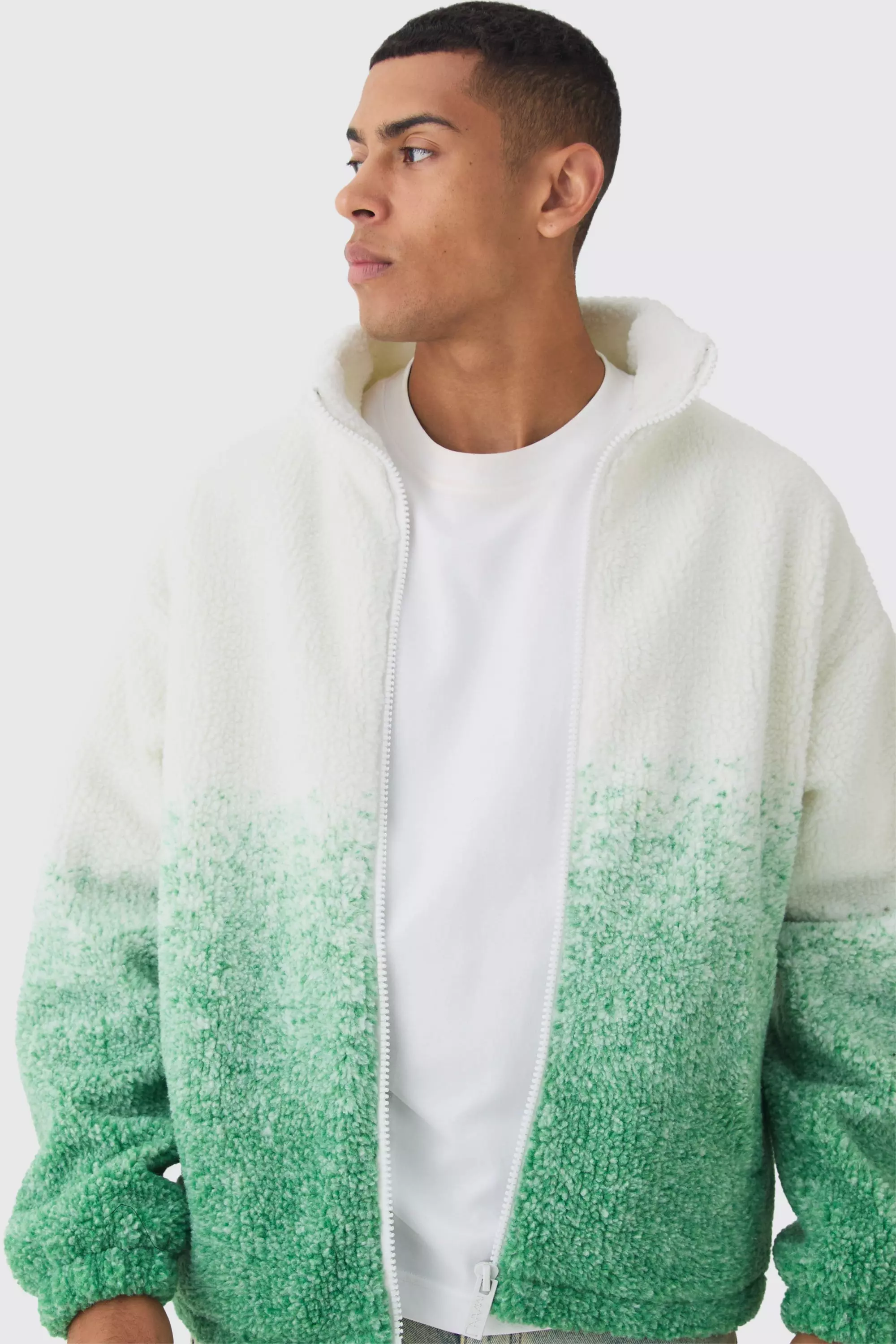 Oversized Ombre Borg Funnel Neck Jacket In Green صورة بديلة
