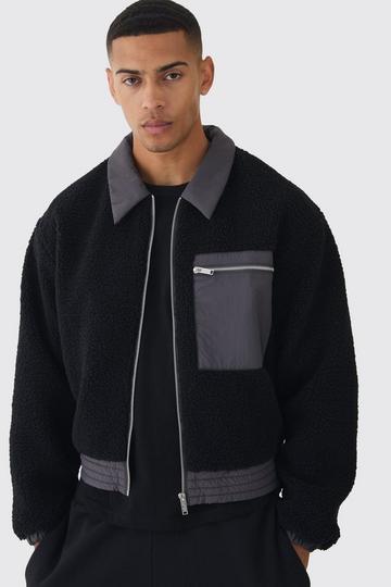 Black Boxy Borg And Nylon Collared Bomber Jacket In Black