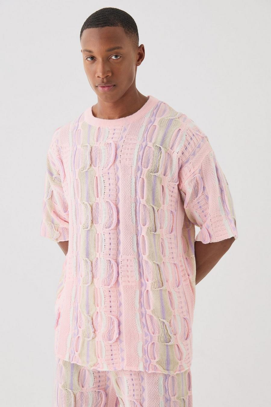Pink Oversized 3D Knitted T-shirt image number 1