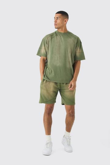 Khaki Oversized Wash Pintuck T-shirt And Short Set