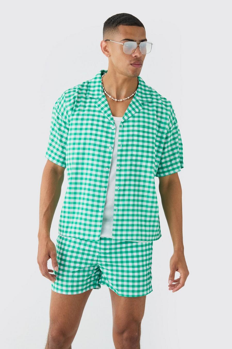 Green Gingham Shirt & Swim Short Set image number 1