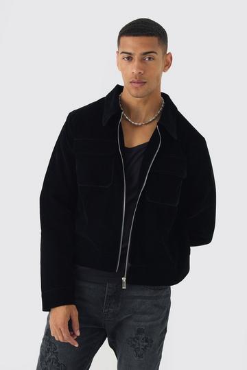 Black Velour Trucker Jacket In Black