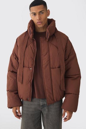 Boxy Fit Drawcord Quilted Funnel Neck Puffer Coat In Chocolate chocolate