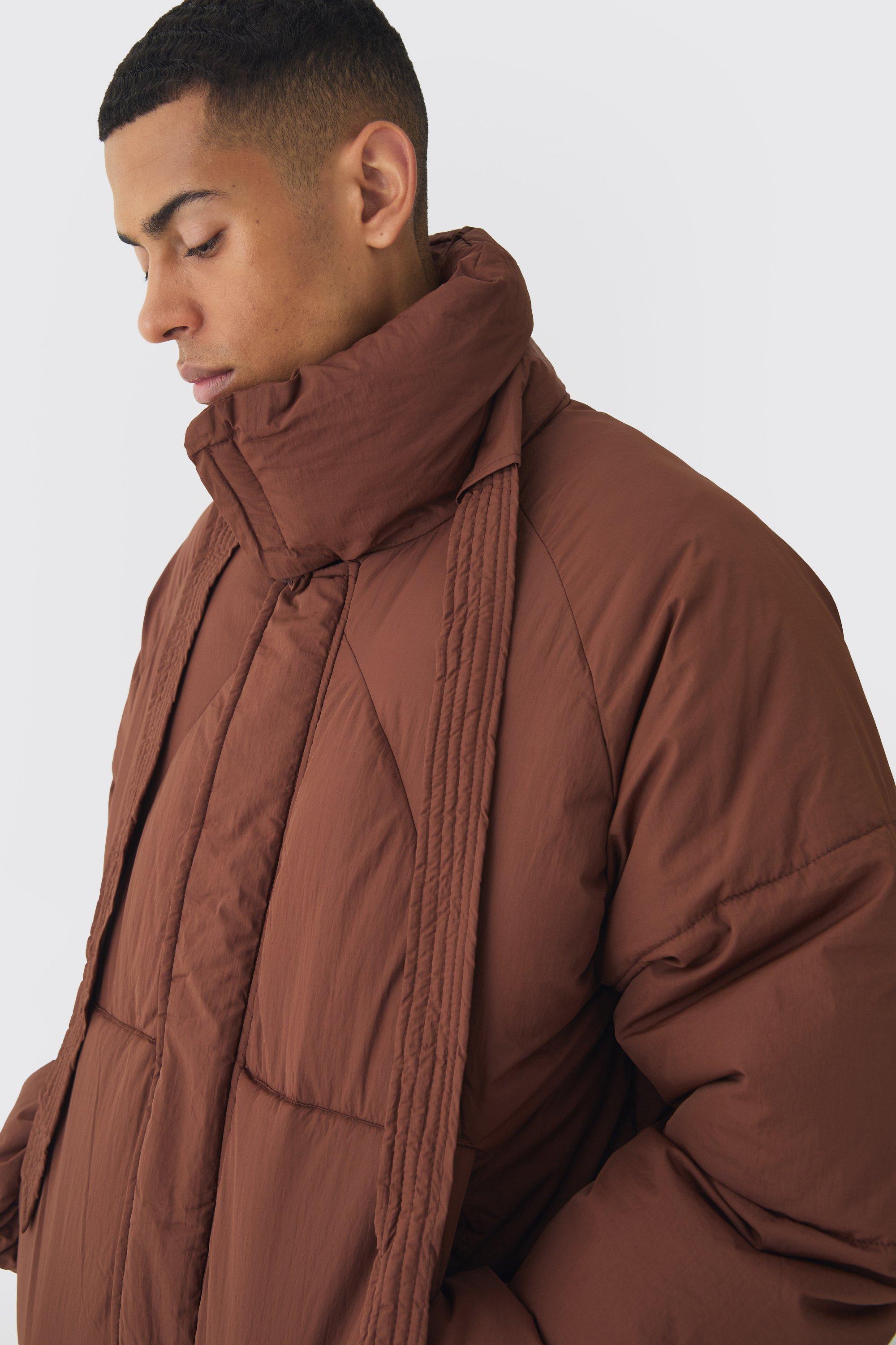 Boxy Fit Drawcord Quilted Funnel Neck Puffer Coat In Chocolate boohoo DK