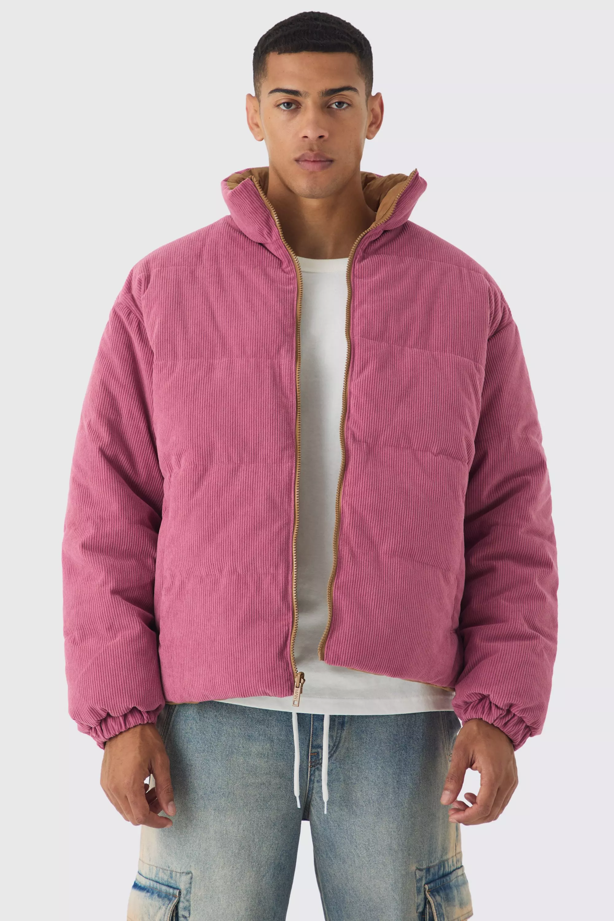 Reversible Cord And Nylon Puffer Jacket In Pink alternative image