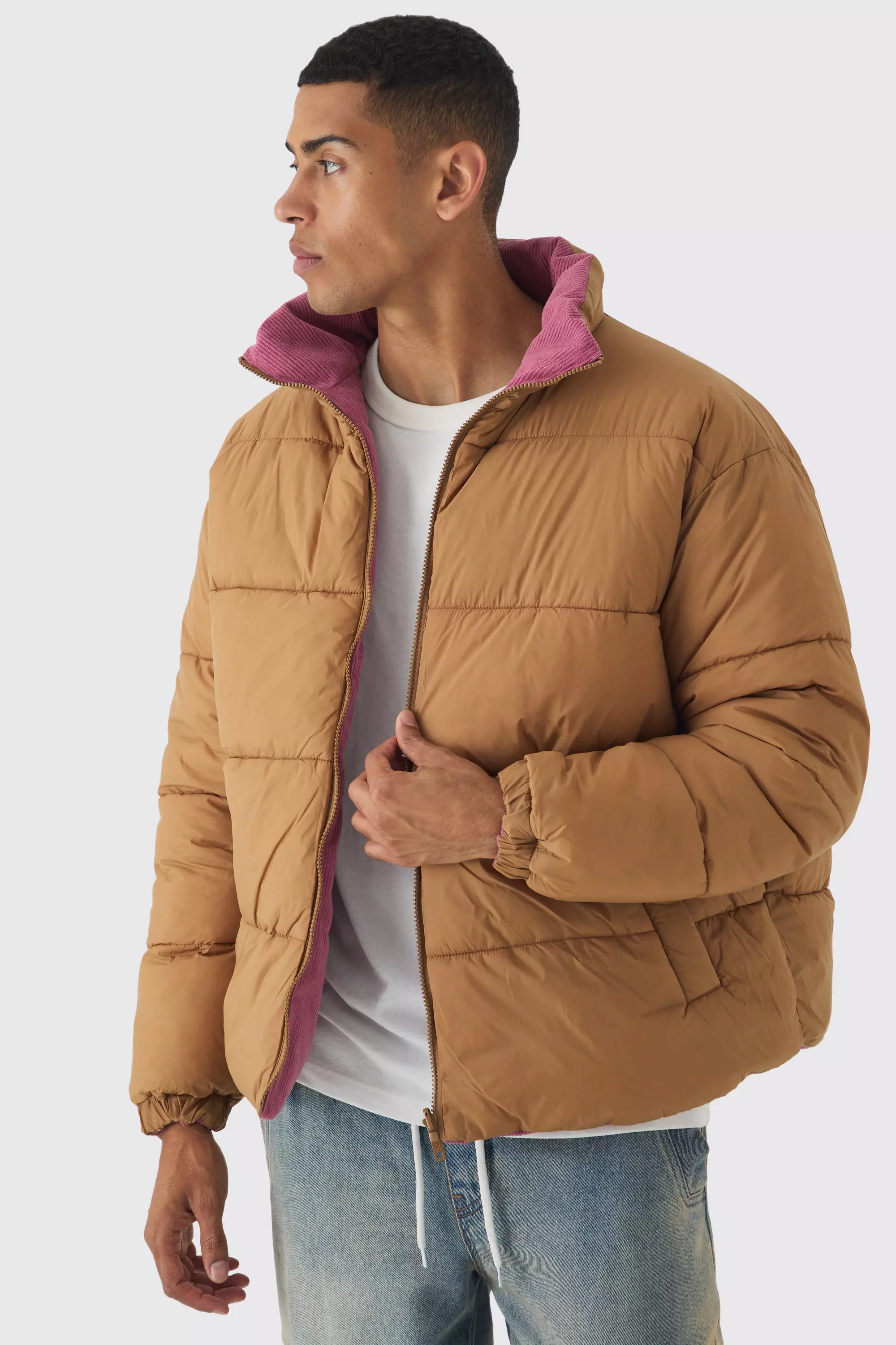 Reversible Cord And Nylon Puffer Jacket In Pink alternative image